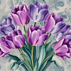 Obraz premium Purple and blue tulips watercolor illustration set. Seamless background pattern. Fabric wallpaper print texture.