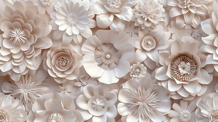 A seamless 3D pattern of intricately textured paper flowers in neutral tones, arranged in a symmetrical design, giving a modern and sophisticated look. 8k UHD, suitable for high-quality printing 
