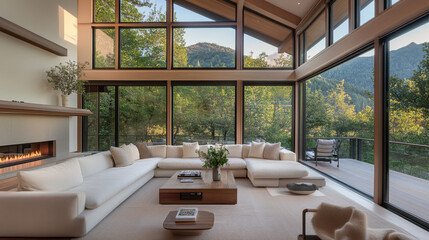 Fototapeta premium A modern living room featuring large windows that offer stunning views of mountains and greenery. space is bright and airy, with cozy white sectional sofa and wooden coffee table, creating serene atmo