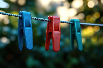 Three blue and red clothespins are hanging on a clothesline