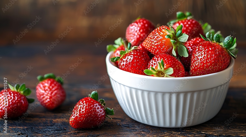 Poster Fresh berries strawberry in a white ceramic bowl on a rustic background Close up : Generative AI