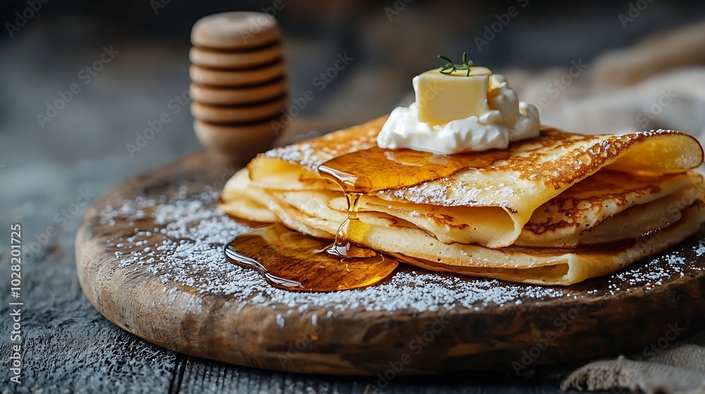 Poster Thin crepes or pancakes with butter honey and sour cream on a rustic textile background : Generative AI
