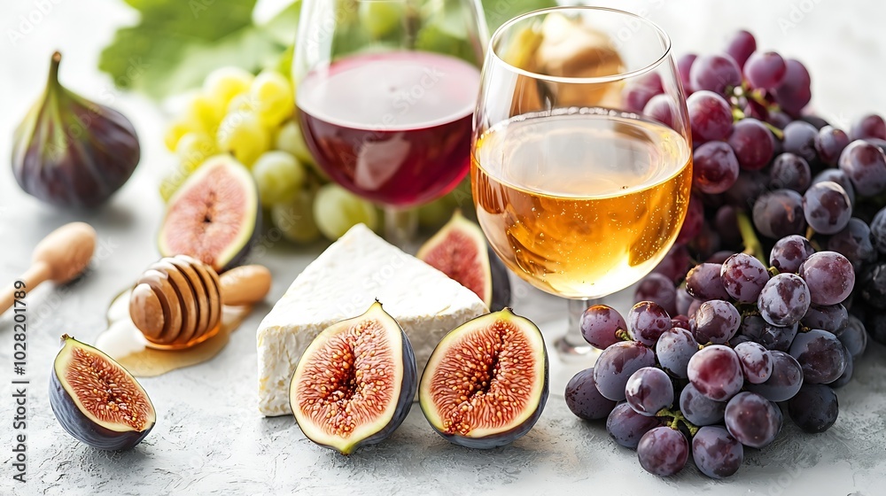 Poster grape cheese figs and honey with a glasses of red and white wine copy space : generative ai