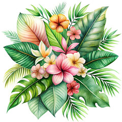 Naklejka premium Watercolor of Tropical spring floral green leaves and flowers s isolated on transparent 