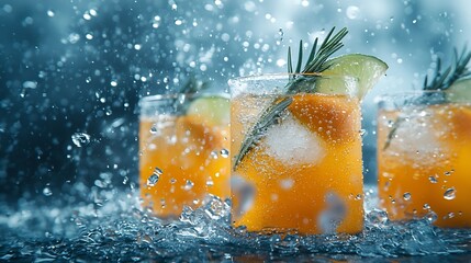Peach cocktail fizz ice tea with fresh rosemary and lime Blue background : Generative AI
