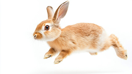 Obraz premium A cute rabbit is captured mid leap, showcasing its fluffy fur and expressive eyes against clean white background. This lively pose conveys sense of joy and playfulness