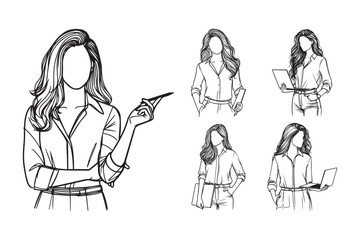 Line art featuring elegant women as entrepreneurs in stylish attire