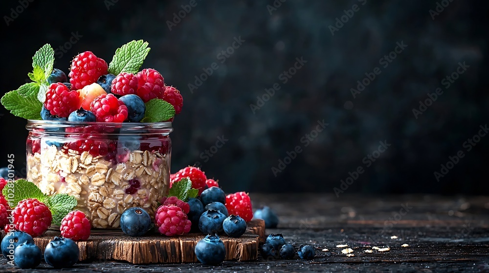 Poster assortment overnight oats bircher muesli with fresh berries and fruits in a glass jars on wooden tab