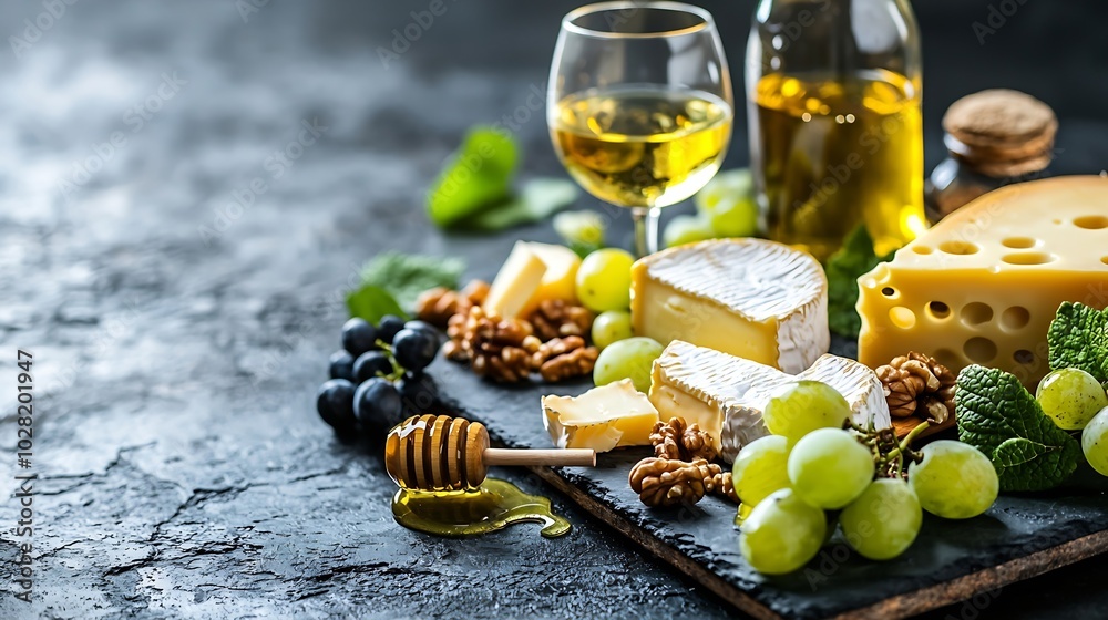 Aufkleber assortment of cheese with white wine honey nuts grape on a modern cutting board slate background : g