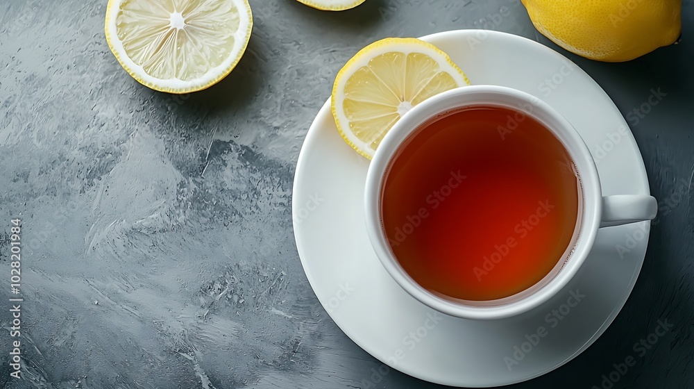 Poster tea cup and pot with lemon grey background copy space top view : generative ai
