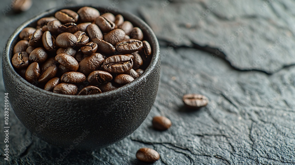 Poster coffee beans close up shot in black bowl on grey slate background close up : generative ai