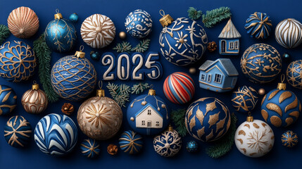 Festive Christmas ornaments in blue and gold, featuring intricate designs and year 2025. Perfect for holiday decorations and celebrations