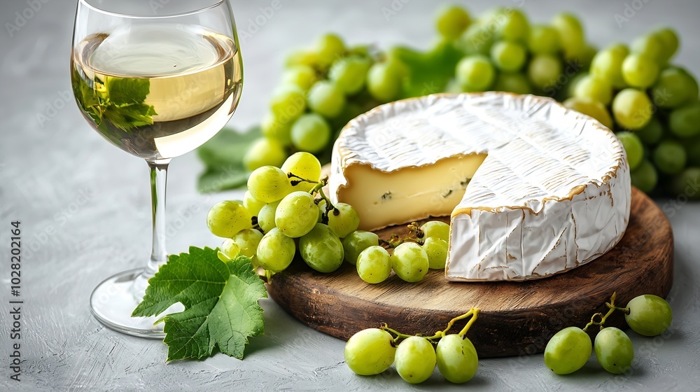 Poster brie camembert cheese with fresh grape on a wooden board with wine glass on a white background : gen