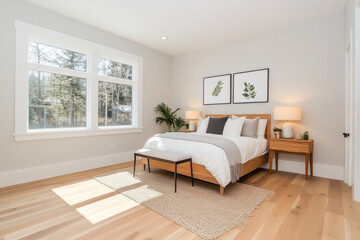 A bright and modern bedroom featuring wooden bed frame, cozy bedding, and stylish decor. large windows allow natural light to fill space, creating serene atmosphere