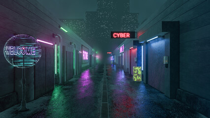 A futuristic street with neon lights in a cyberpunk city. Industrial style in urban scene without people. Futuristic 80s old style. Modern design for banners, projects. Three-dimensional illustration