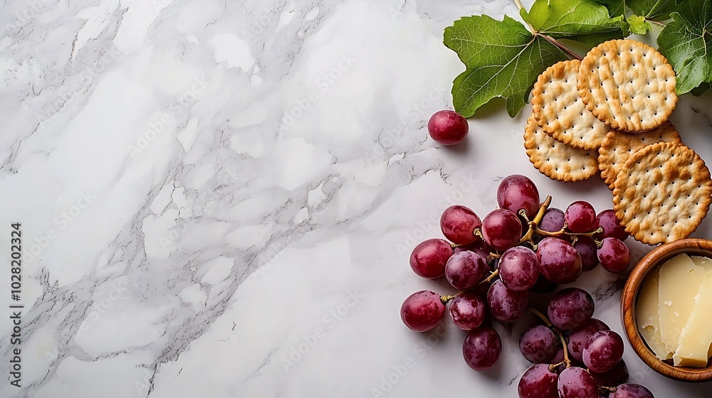 Poster Assortment of cheese grapes and crackers Marble background Top view : Generative AI