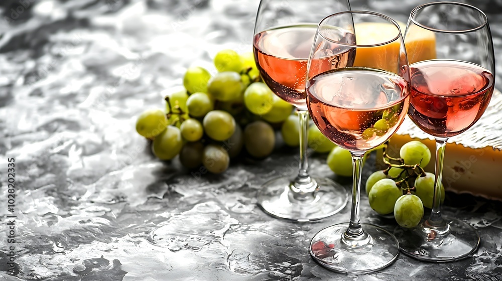 Poster assortment of cheese grapes with red and white wine in glasses marble background close up : generati