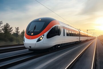 Naklejka premium Sleek modern high-speed train traversing a scenic landscape illuminated by the warm light of sunrise. Sustainable transportation technology concept