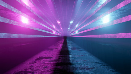 A bright futuristic tunnel with neon lights. Corridor without people. Futuristic 80s old style. Modern Design For Banners, Projects. Three-Dimensional Illustration