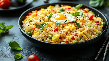 Asian fried rice with egg and vegetables Dark slate background Top view : Generative AI