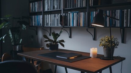 A desk with a lamp on it and a chair in the corner.