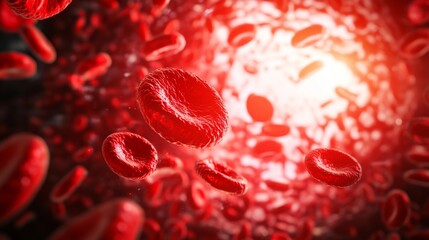Close-up view of red blood cells in motion, glowing background.