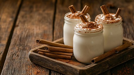 Baked milk yogurt with cinnamon in glass jars on a cooper tray with cinnamon sticks on a wooden background : Generative AI