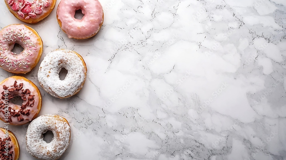 Poster Assortment of donuts on marble table background Close up Top view : Generative AI