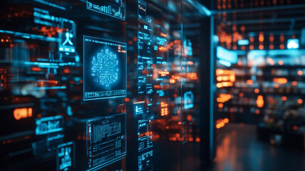 Obraz premium A futuristic digital interface displays vibrant blue and orange data visualizations, showcasing advanced technology in modern environment. atmosphere is dynamic and high tech, reflecting innovation an