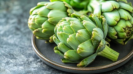 Fototapeta premium Artichoke heartson a plate Grey background Copy space : Generative AI