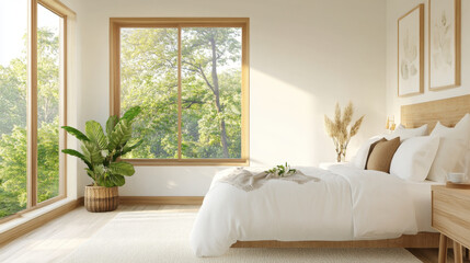 A serene bedroom featuring large window with view of lush greenery, cozy bed with white linens, and decorative plants that enhance tranquil atmosphere