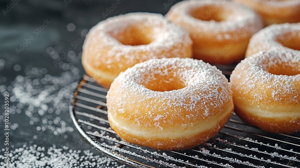 Poster donuts with sugar powder on cooling rack copy space top view : generative ai