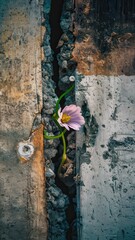Close-up of a pink flower growing from a crack in a weathered wall