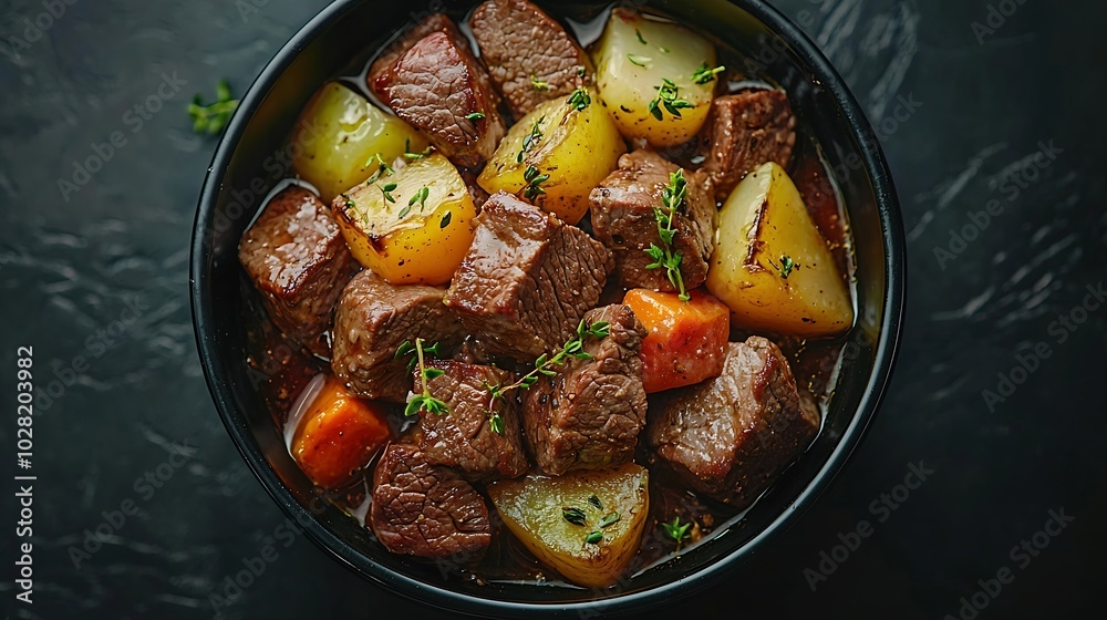 Poster beef meat and vegetables stew in black bowl slate background top view : generative ai