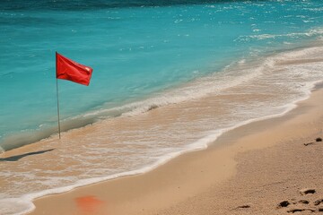 Warning Flag on Beach: Red Caution Flag by the Sea on Sand