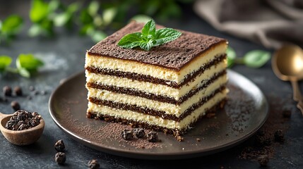 Traditional Hungarian Esterhazy cake torte Marble background Copy space : Generative AI