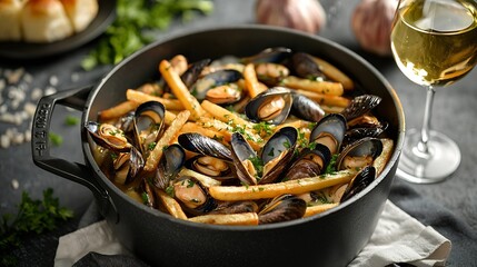 Mussels with french fries and white wine in cooking pan Grey background Close up Top view : Generative AI