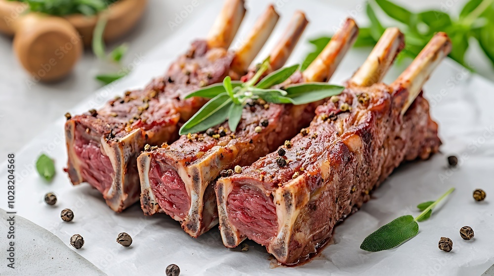 Poster raw meat mutton lamb rack with fresh herbs on a white paper background : generative ai