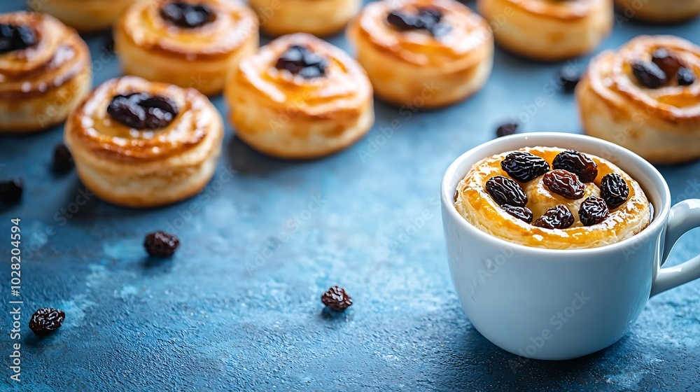 Aufkleber fresh danish pastry with raisins with a cup of black coffee on blue table background top view : gene