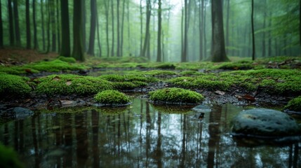 Obraz premium Mossy Forest Floor Reflecting Trees in a Puddle