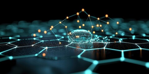 Abstract Hexagon Network with Glowing Sphere   Futuristic Technology Concept