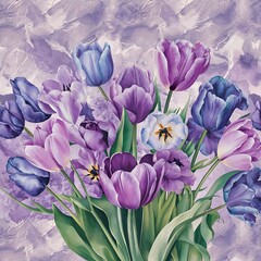 Obraz premium Purple and blue tulips watercolor illustration set. Seamless background pattern. Fabric wallpaper print texture.