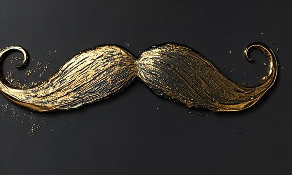 A stylized golden mustache design against a black background, highlighting creativity and artistry.
