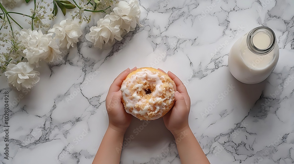 Poster kids hands holding a doughnut and bottle of milk marble background close up top view : generative ai
