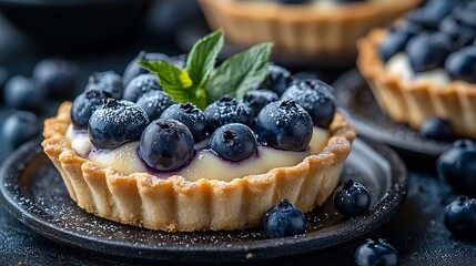 Blueberry tart pie tartlet with vanilla custard Blue stone background : Generative AI