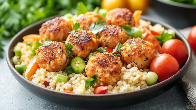 Crab and prawn fish steamed meatballs patties with couscous and vegetables on white background Copy space : Generative AI