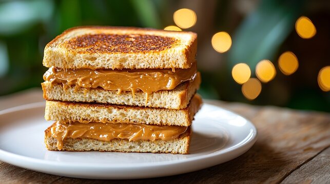 Peanut butter sandwiches toasts on white plate Outdoor tropical background : Generative AI