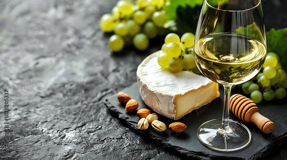 Poster Assortment of cheese with white wine honey nuts grape on a modern cutting board slate background : Generative AI
