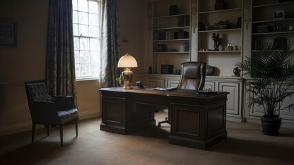 Fototapeta premium A desk with a lamp on it and a chair in the corner.