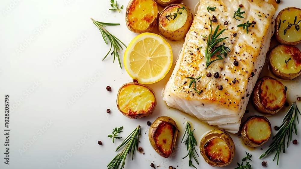Poster Roasted cod codfish with baked potatoes and artichokes with lemon and herbs sauce on a white background Copy space : Generative AI
